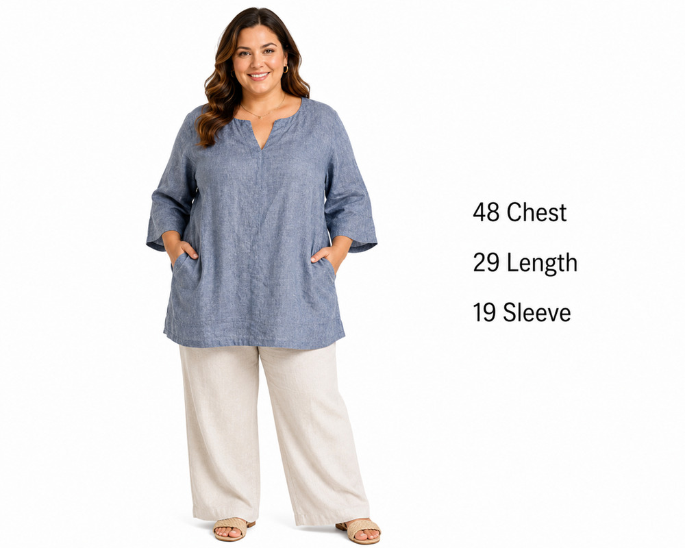 Lands End Womens 100% Linen Blue Tunic Top 3/4 Sleeves Pullover Top Shirt sz 1X